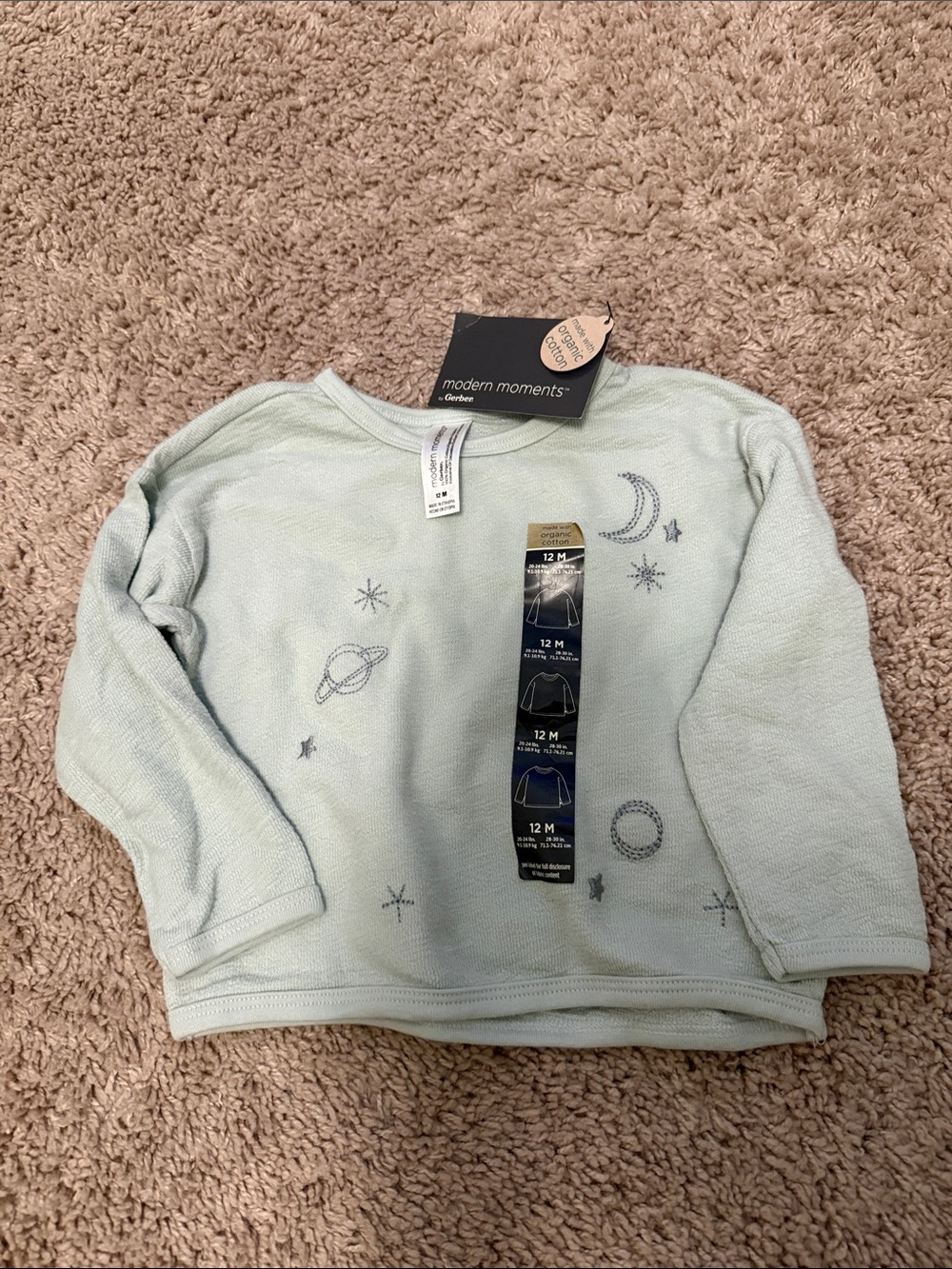 Modern Moments Baby Sweatshirt in Light Mint with Space Embroidery size 12M-NWT